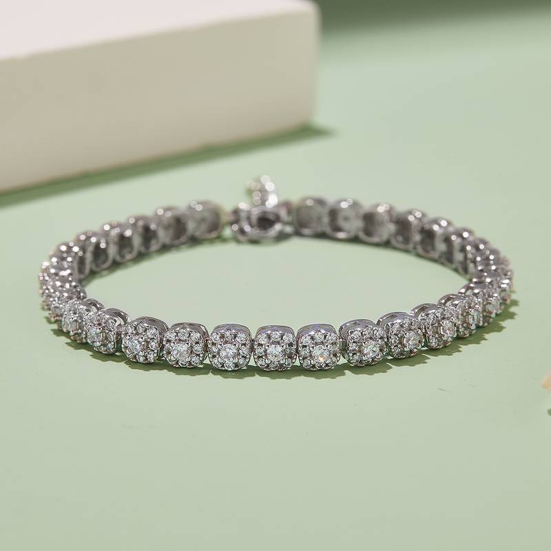 Classic方包网球BraceletS925银镀18K白金MoissaniteD级3.5ct18CM